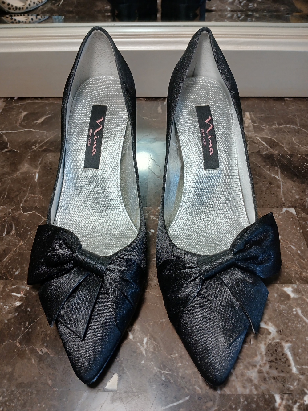 Nina Black Satin Pointed Toe Bow Kitten Pumps